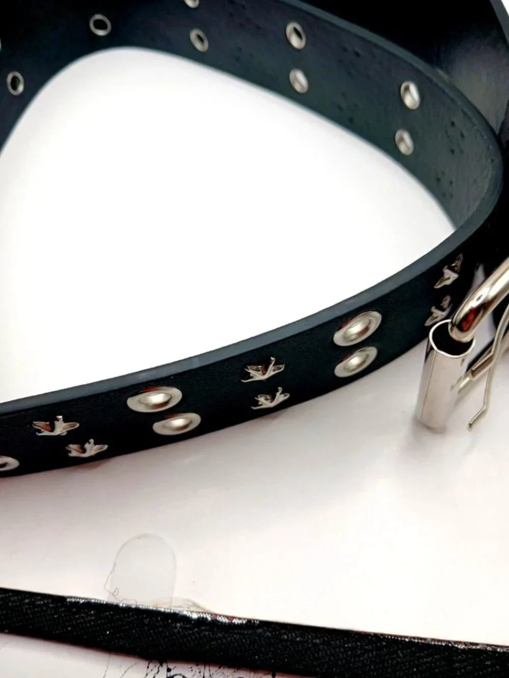 Stars + Grommets Black Vegan Leather Belt + 2 Rubber Grommet Bracelet New